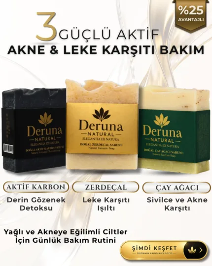 Akne, & Leke Karşıtı 3’lü Sabun Seti | Aktif Karbon, Çay Ağacı, Zerdeçal 315 g